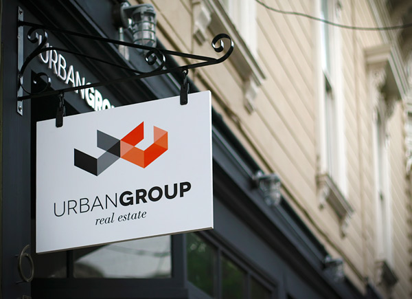 logo geometric black orange buildings blocks real estate modern Urban city signs