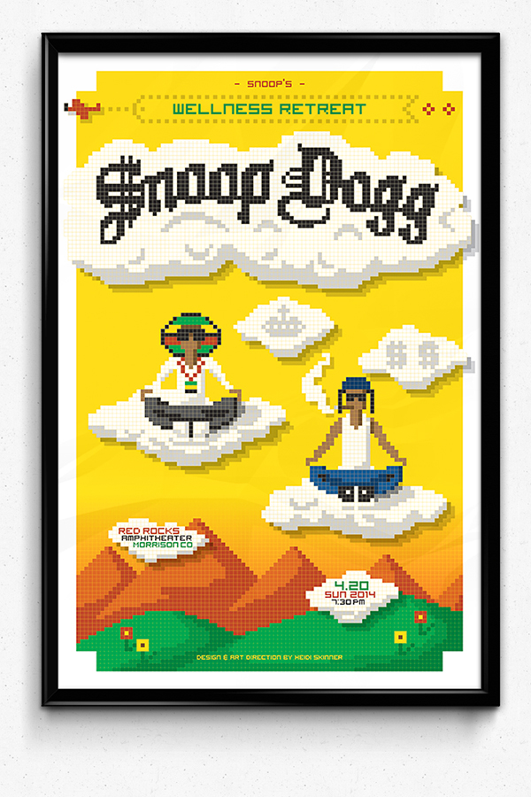Snoop Dogg Wiz Khalifa concert poster 420 show gig poster 8-bit Pixel art Red Rocks Amphitheater Colorado wellness retreat video game