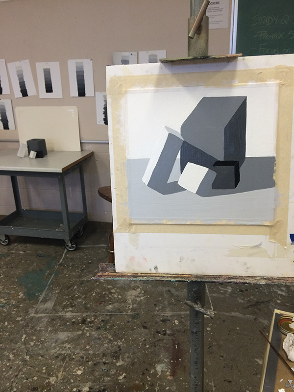 boxes oil paint painting   black White gray Still life