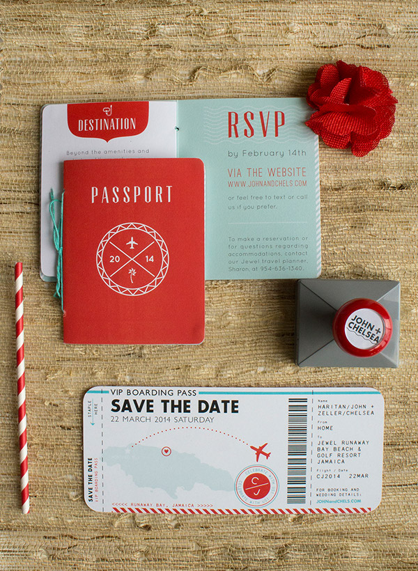 wedding destination Passport Invitation save the date Tropical beach red turquoise aqua water plane stamp badge seal