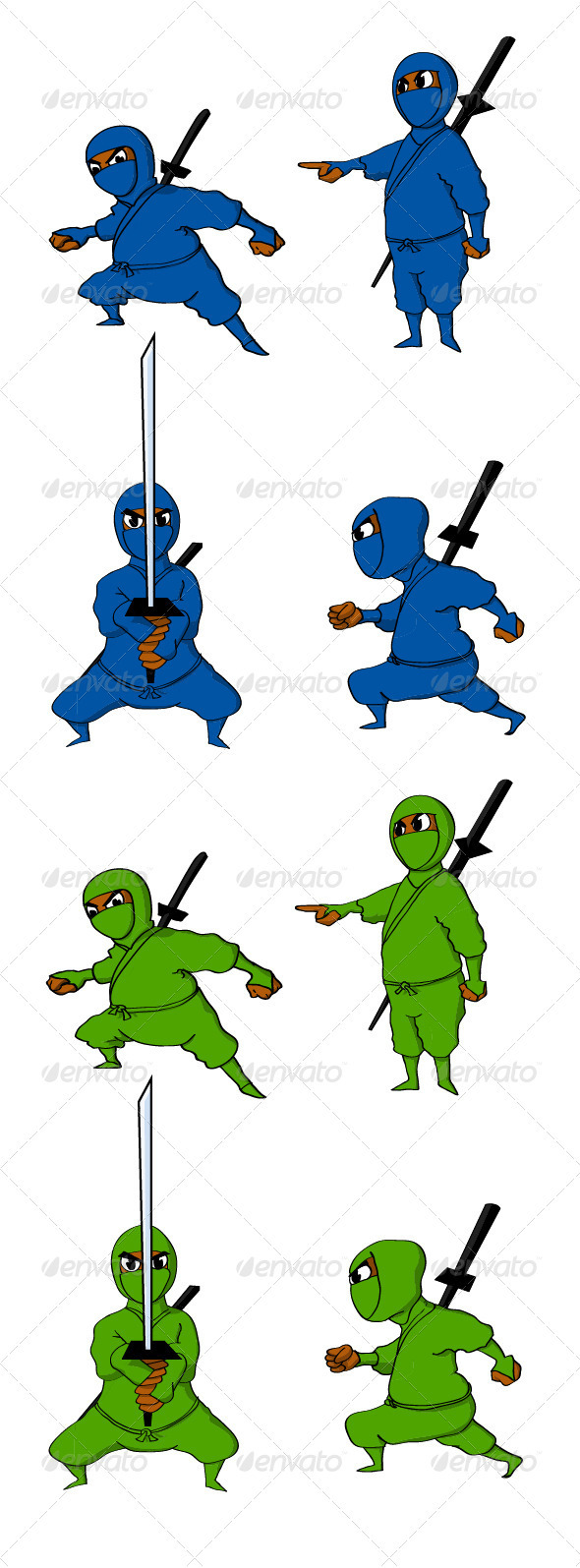ninja cartoon vector EPS Character design art handdraw blue green Fun funny japan warior wariors