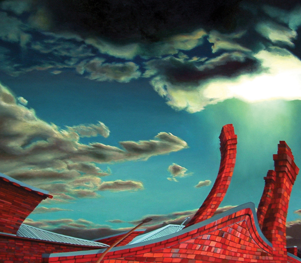 surreal building warped house Urban stormy sky australian gothic Oil Painting DISTORTED twisted