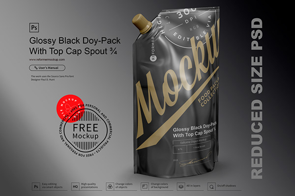 Free Mockups Doy-Pack With Top Cap Spout Black Psd : Glossy Transparent