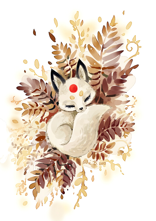 cute little FOX kitsune slumber animal sleep Hibernate freeminds anime Fall autumn leaves
