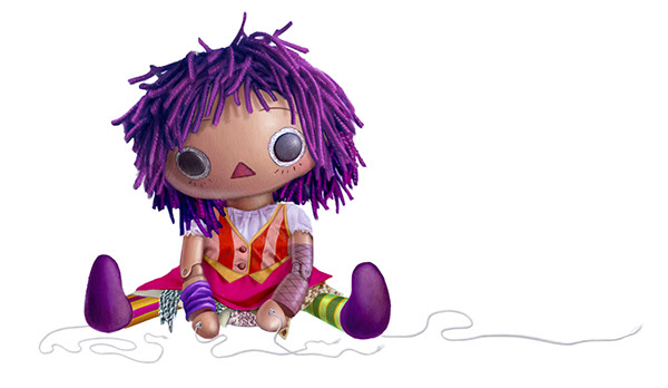 Character Theatre puppet marionette strings decadent room cute FLOOR purple hair dirty door green light