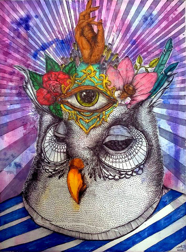 owl third eye Flowers tattoo like mixed media