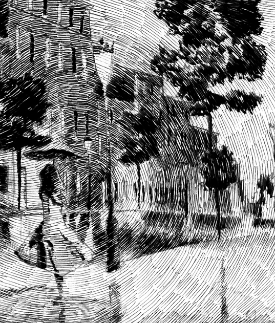 ink  nib  pen loneliness  umbrella  city Street night rain  rainy reflection etching monochrome blackandwhite town
