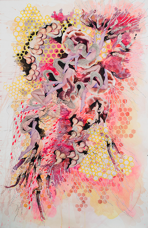collage mixed media printmaking Nature female body sensual Metamorphosis elizabeth castaldo bees honeycomb