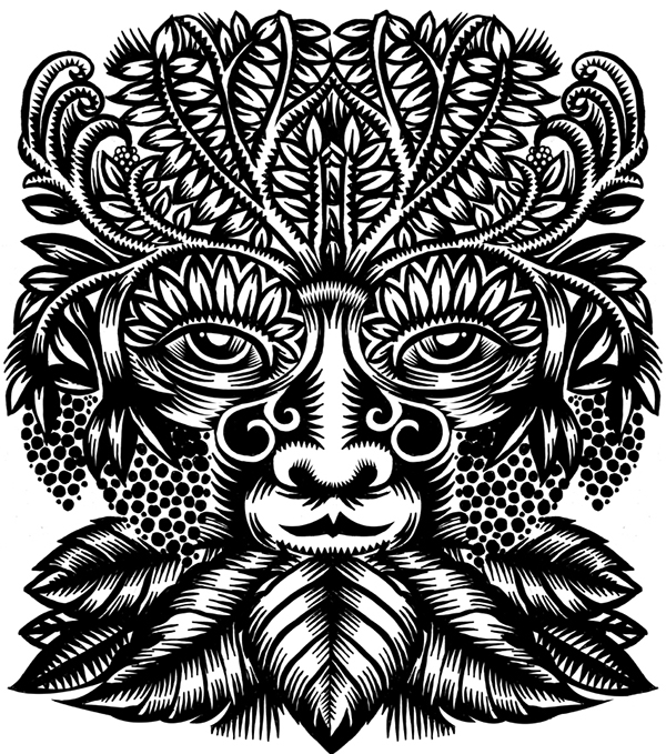 greenman Ecology environment qcassetti decorative illustration green leaves trees Nature Tree  leaf symbol Icon line line drawing decorative black and white pen and ink symetrical ithaca trumansburg Central New York