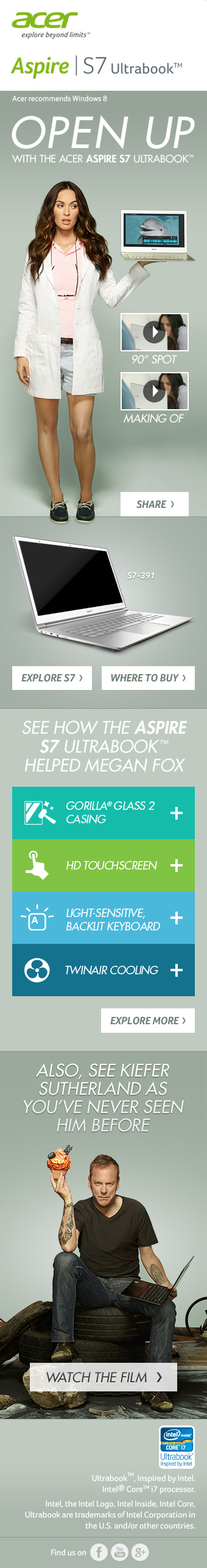 acer Aspire S7  megan fox landing page campaign dolphin css html5 notebook mother london