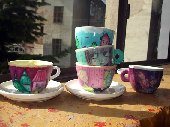 cups Coffee Mug  cup Sun houses girl cute kawaii lovely happy MORNING craft small paintings Clowns