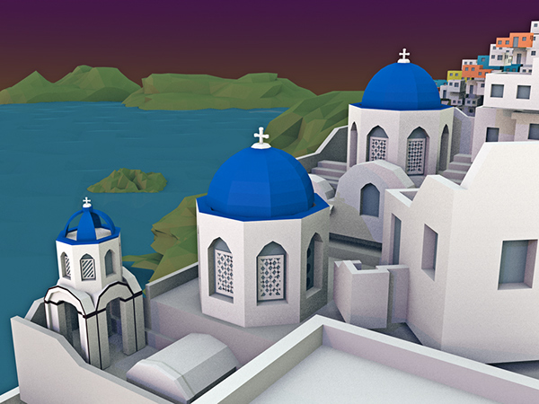 LOW poly low-poly cartoon 3D CGI rendering blender greek village lighting colors building scene terrain