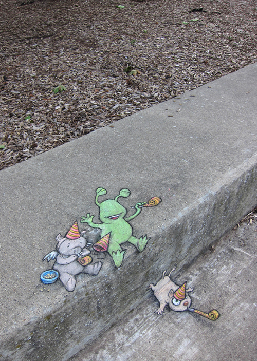 sidewalk chalk public anamorphosis Graffiti characters monsters aliens sluggo flying pigs