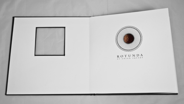 Rotunda Union Square menu binding handbound kile brekke accordian fold type Sabon leather restaurant neiman marcus san francisco page layout square round grid