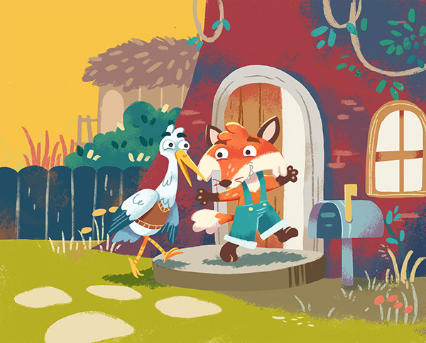 Fox and Stork children illustration