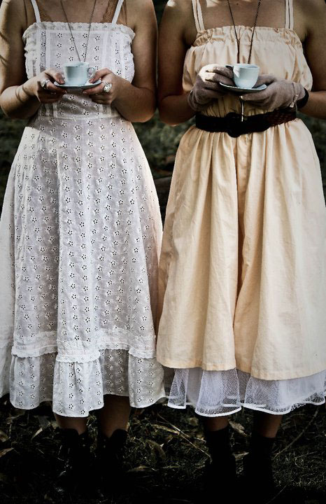 Two ladies friends antique Retro Bike farm horse house cups tea forest dresses Fun joy