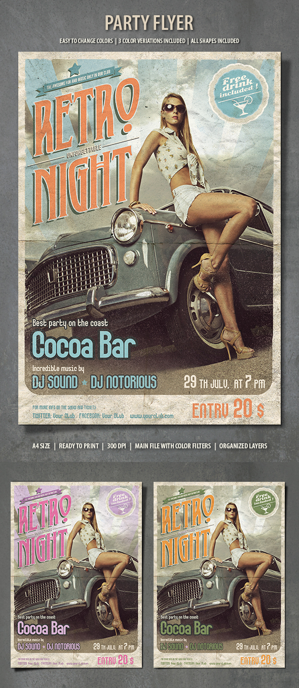 a4 antique car bar beach car Coast Event flyer Fun girl Holiday Nightlife old school old style