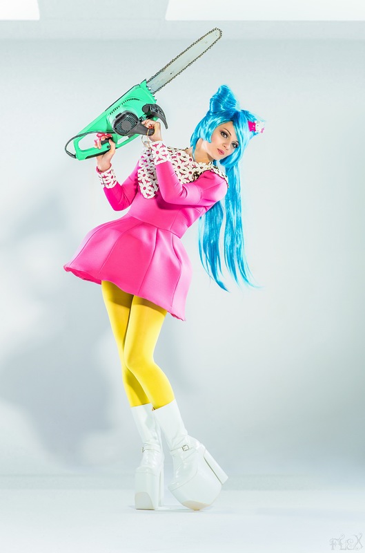 Panda  pink concept blue hairstyle ax chainsaw story dress costume yellow direction