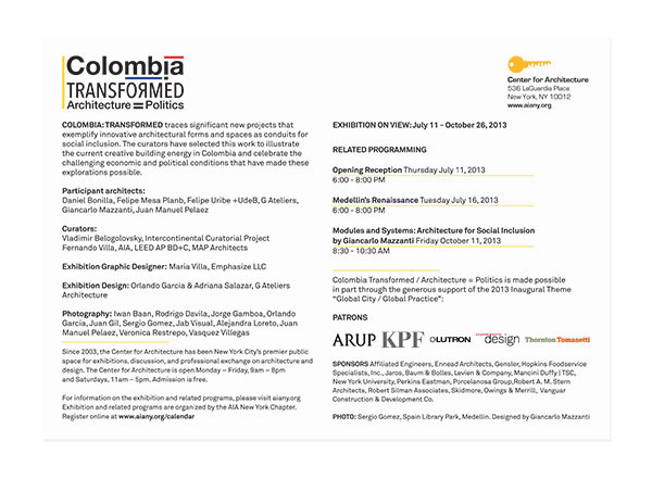 colombia  Colombia Transformed  architecture  architecture=politics social  social architecture Exhibition  logo graphics exhibition panels layout promotional postcard postcard design