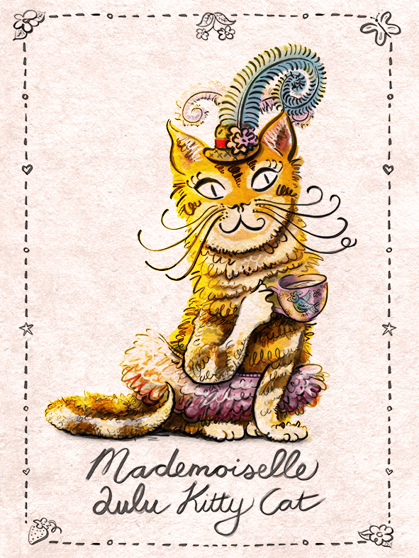 Cat catherine gauche mademoiselle watercolor hand drawn whimsical drinking tea drama feathers furry ink tutu