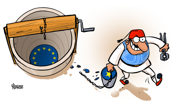 EU cartoon Europe union fish aquarium water golden UK france politics glass Greece greek well