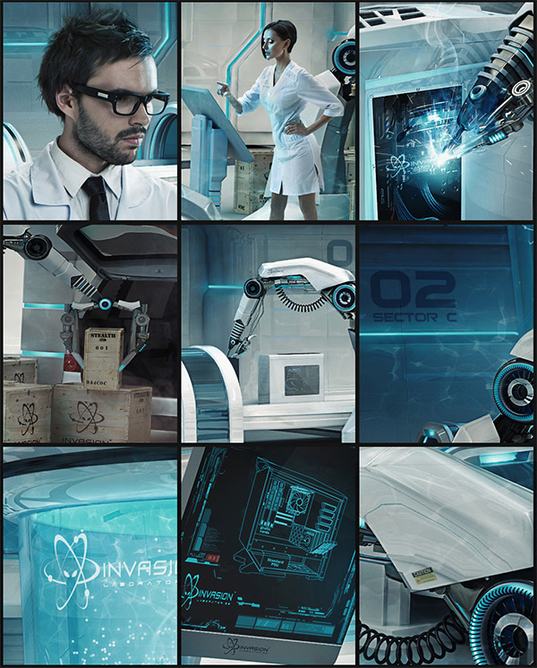 Scifi future laboratory robot Scientist department manufactory Cyborg blue Production Creative Retouching retouch 3D V-ray sci-fi