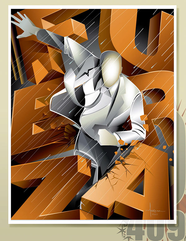 Fuerza Bruta  Play  high energy  rain White Suit  man running big letters  breaking through  bursting out  nyc situation interactive orlando arocena  olo409 vector  adobe illustrator