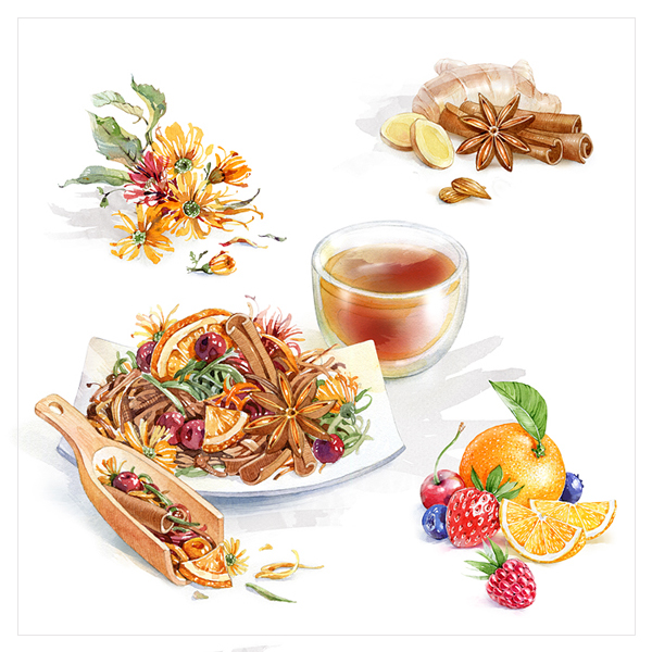 watercolor tea Food  fruits berry honey drink beverages aquarelle