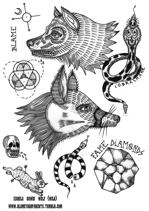 tattoo izabela dawid wolf flash sheet tattoo flash etching print black and White medieval tattoos custom tattoo