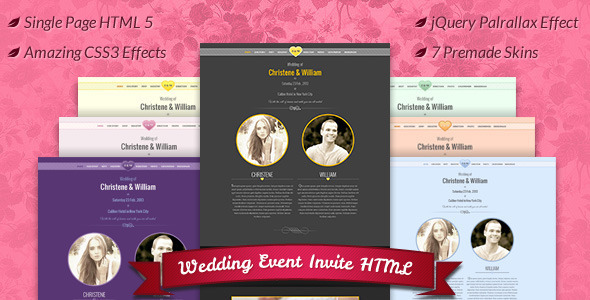 ceremony couple css3 gift happy html5 marriage invite minimal One Page photo gallery skins wedding album HTML Template