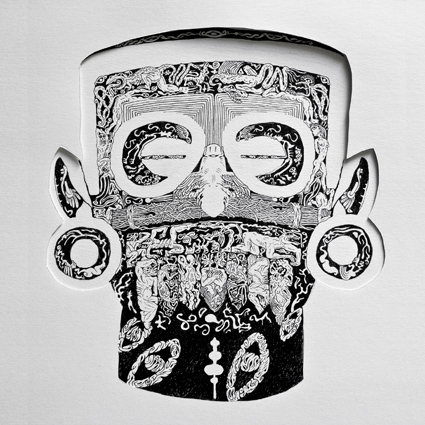 ink  paper drawing fine art Maya Ancient archeology primitive art  mask sculpture prehispanic