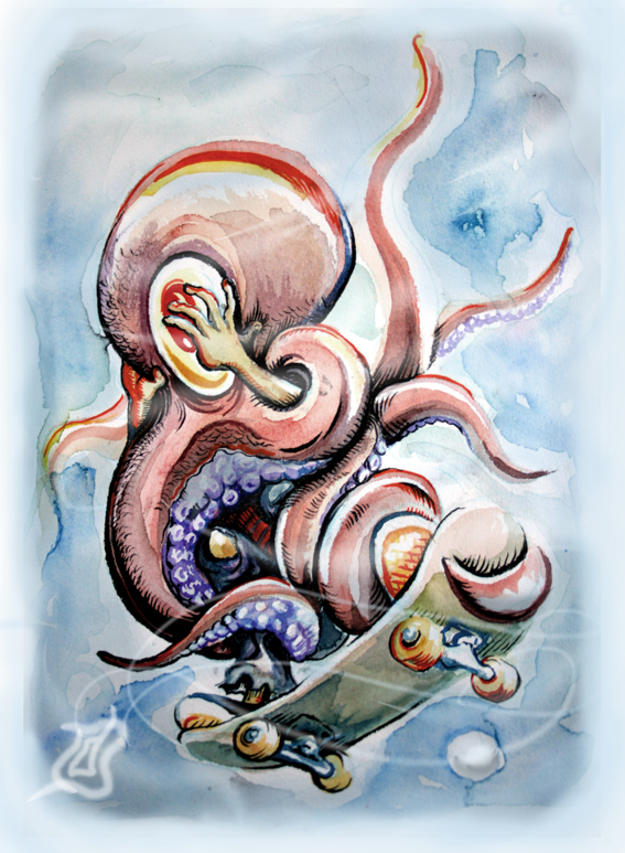 octopus skateboard trap watercolour ink underwater submarino