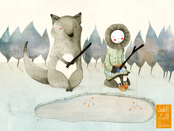 Inuit children's illustration child wolf animal girl winter collage coloured pencil watercolour