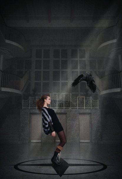 surrealistic birds corridor model Clothing fog