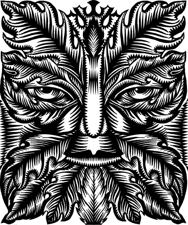 greenman Ecology environment qcassetti decorative illustration green leaves trees Nature Tree  leaf symbol Icon line line drawing decorative black and white pen and ink symetrical ithaca trumansburg Central New York