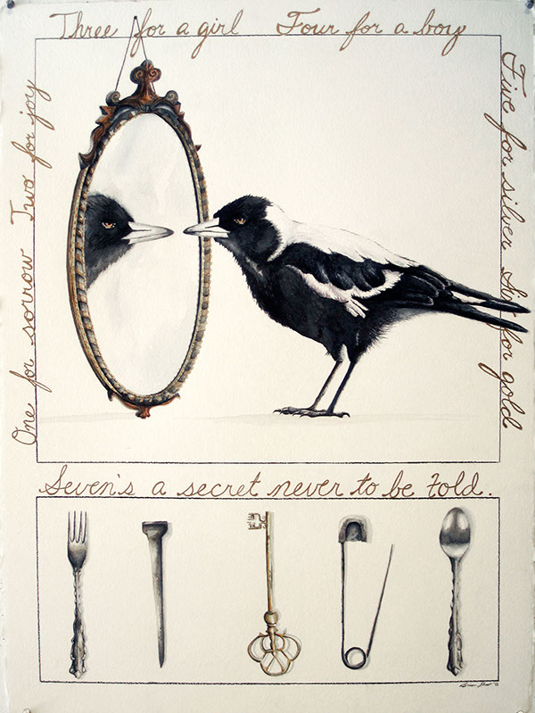 magpie Good MORNING Mr. silverware spoon pin safety nail fork mirror rhyme key bird reflection
