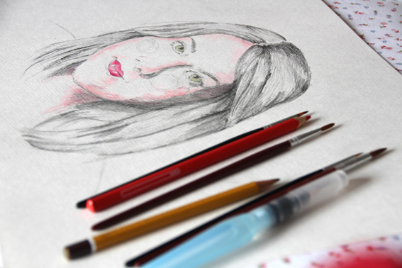 portrait face woman red print girl sketch draw traditional painting  