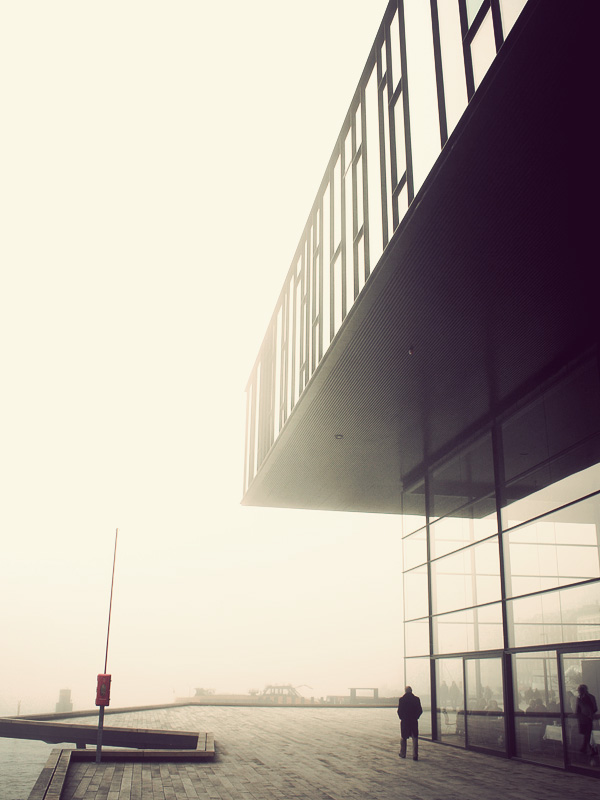 copenhagen danish royal opera house fog mist people harbour building