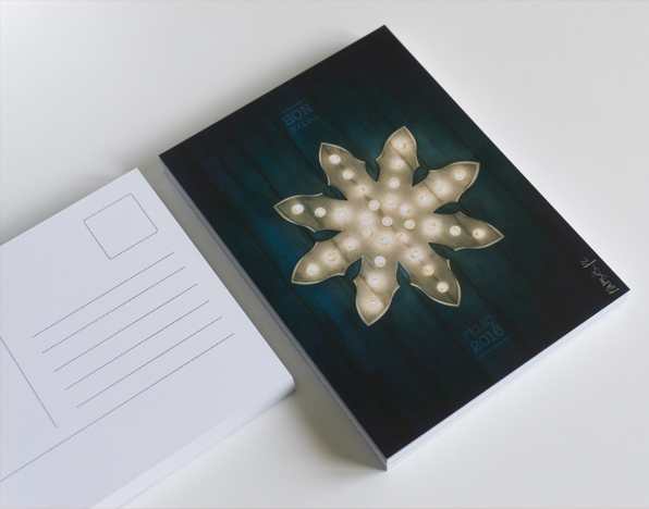 postcard christmas card snowflake Christmas postcards card light blue wood bulbs