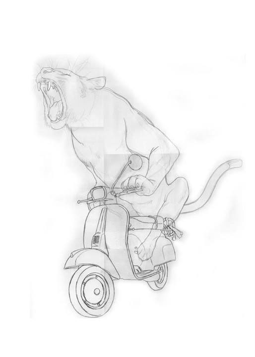 tiger Cat Nature Bike vespa Vehicle wheels riding animal rob snow illustrations pencil