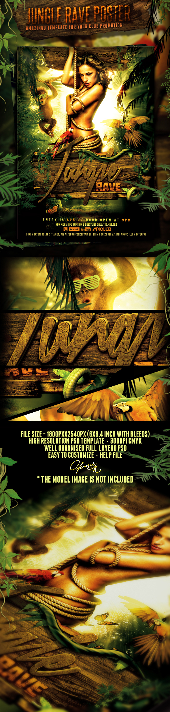 flyer poster template jungle wild exotic Event party green sexy groove HAWAII wood summer tropic