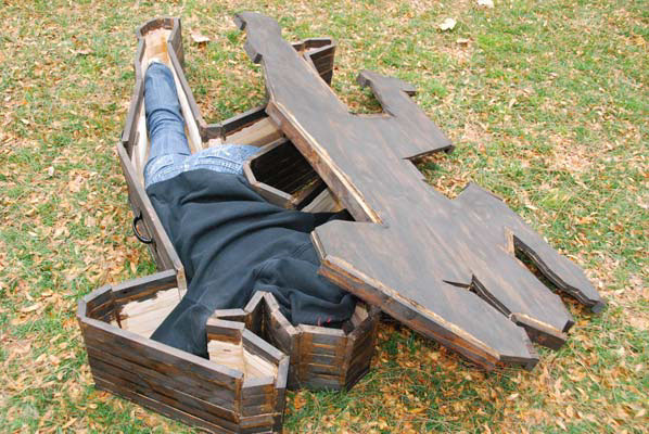 coffin crime scene sculpture