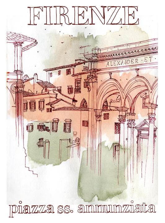 art sketching postcards Travel Italy Florence firenze watercolor Santo Spirito giardino boboli duomo Piazza