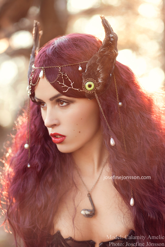 calamity amelie josefine jonsson forest owls latex woman jewelery taxidermy corset hair purple Sun dream fantasy
