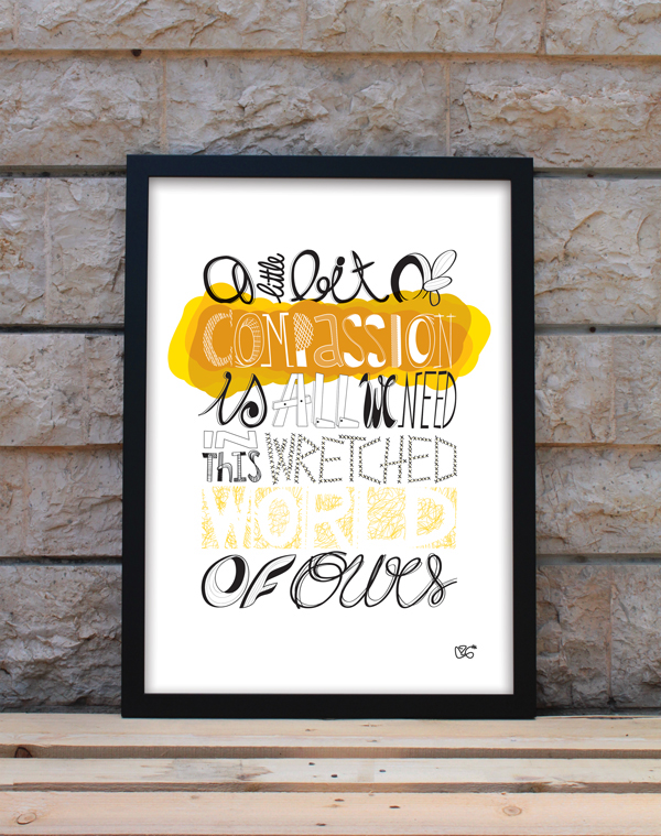 black yellow letters quote Compasión  lettering english