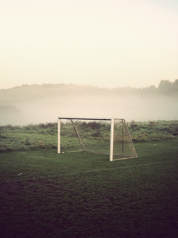 Goals goal football field fog mist foggy misty MORNING early pitch. architecture
