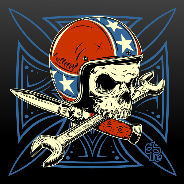 skull Rebel Flag motorcycle Iron Cross pinstriping Flick Knife Wrench shirt