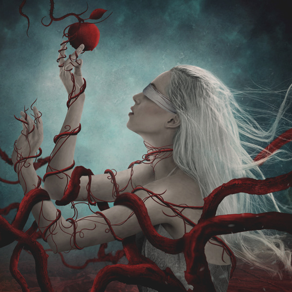 apple blindfolded branched darkart fairytale fantasy poison trapped venom woman
