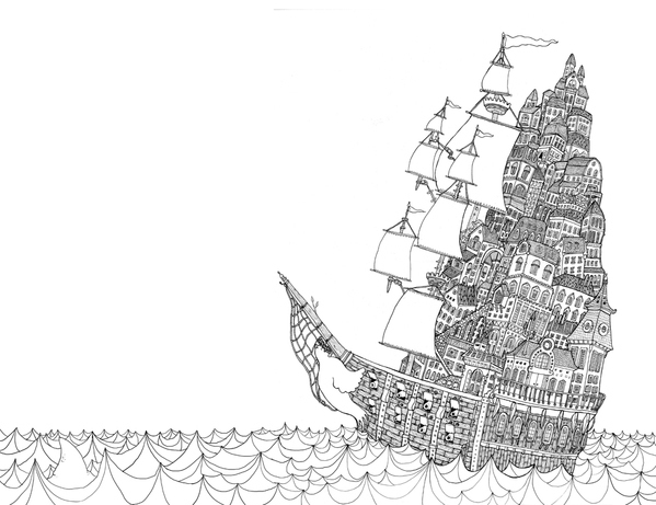 black and white childrens book houses ILLUSTRATION  pen and paper ship