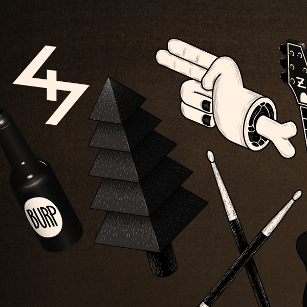 Zilch mcbess cover photo black and white skull hand-lettering guitar drums meat knife lightning hand beer